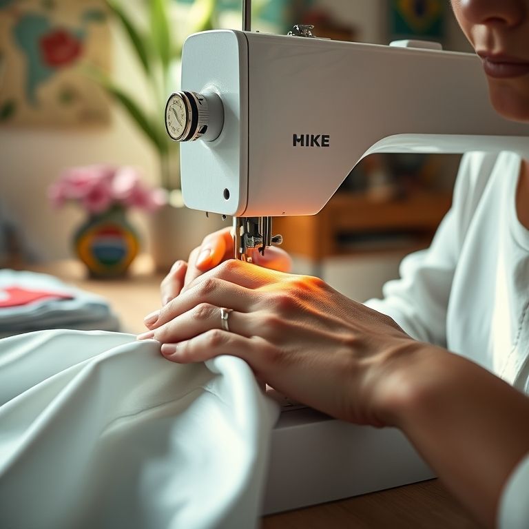 Mãos femininas costurando seda em máquina de costura, foco na agulha.