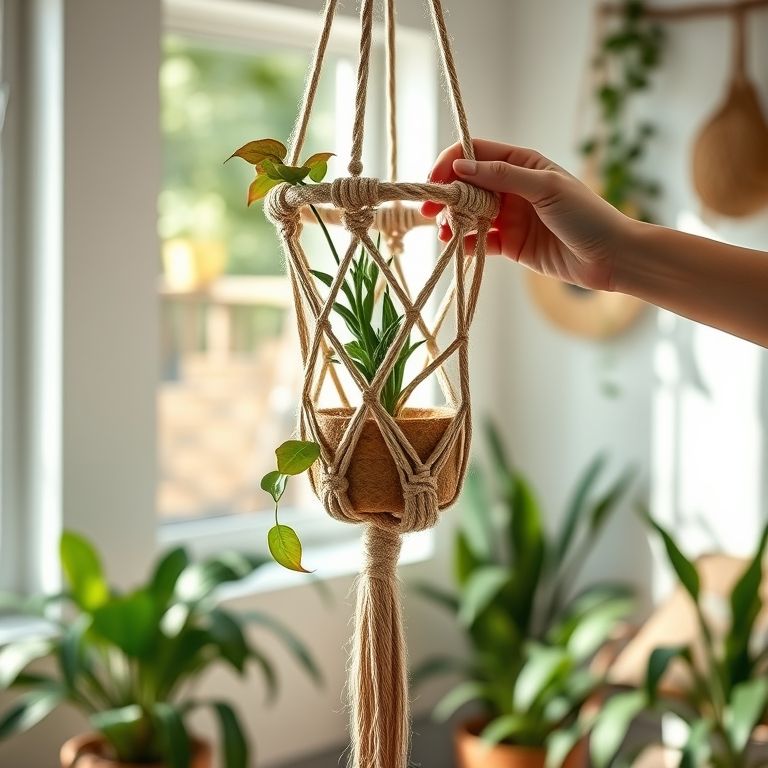 Mãos femininas criando um suporte de plantas suspenso em macramê.