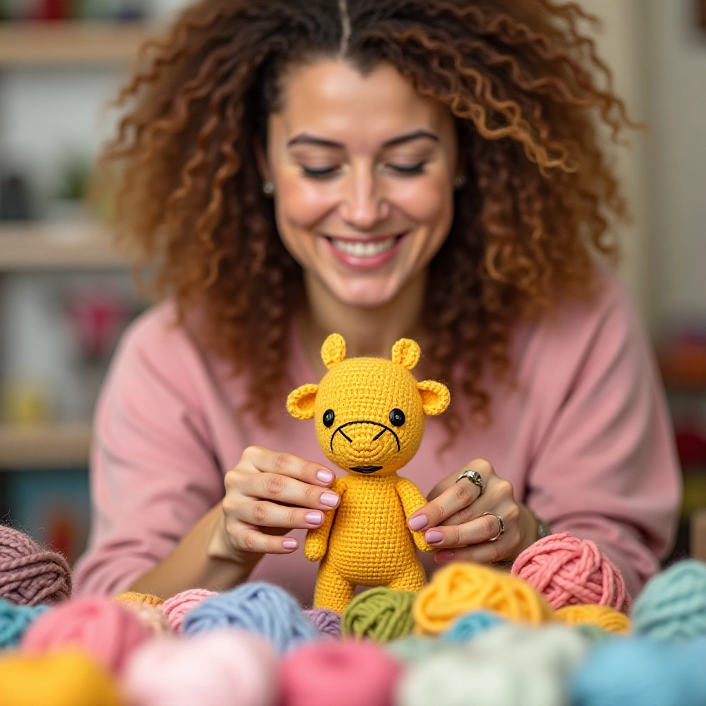 Mãos femininas selecionando novelos de lã coloridos para amigurumi.