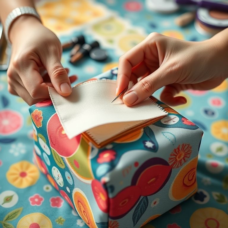 Mãos fixando manta acrílica em tecido para necessaire.
