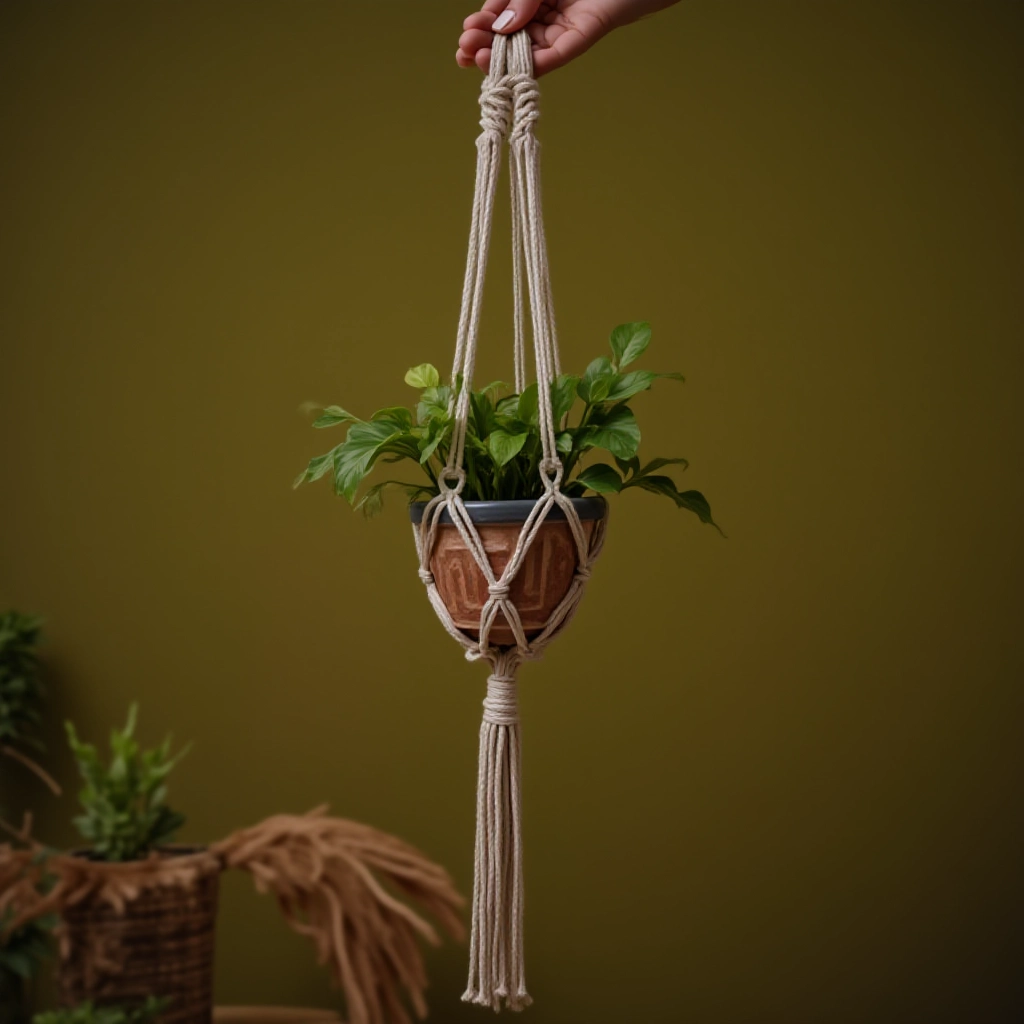 Mãos habilidosas criando um suporte de planta em macramê com nós intrincados.