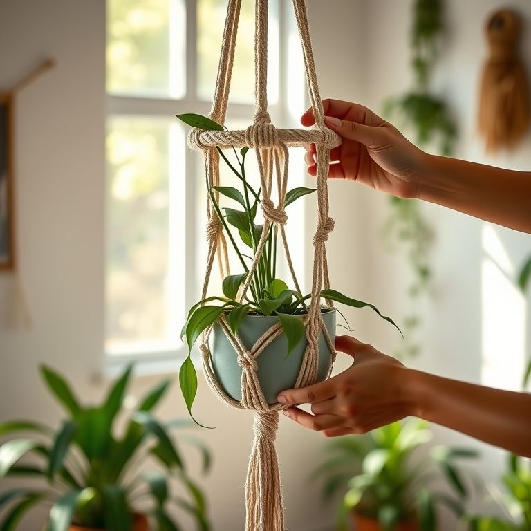 Mãos habilidosas criando um suporte de planta em macramê em um estúdio brasileiro ensolarado.