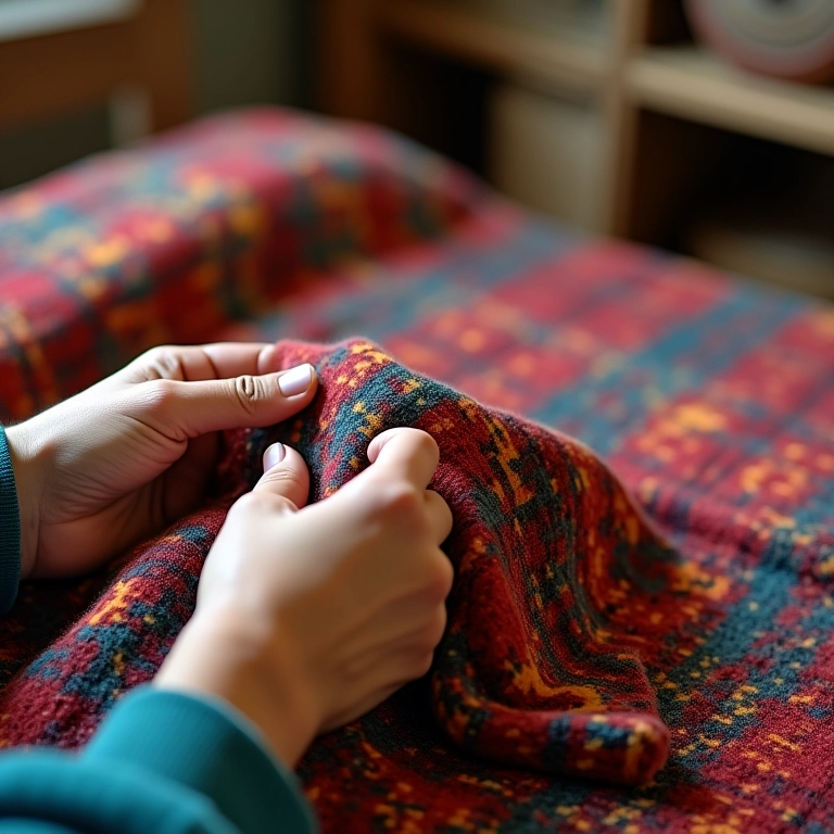 Mãos habilidosas tricotando um cobertor colorido com padrões complexos.