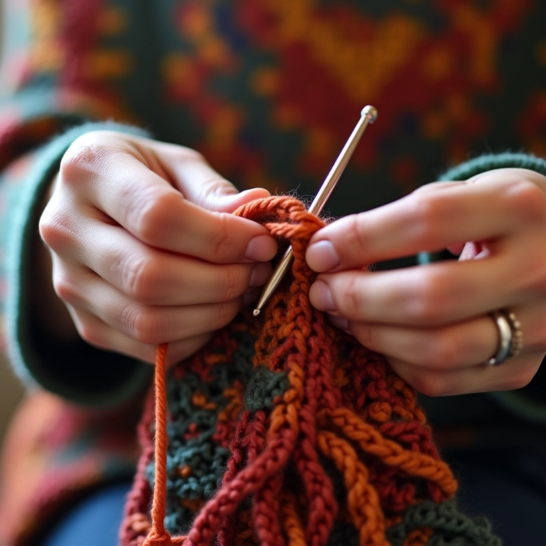 Xale de Crochê Passo a Passo com Gráfico Para Não Errar Mãos habilidosas tricotando um xale de crochê colorido.
