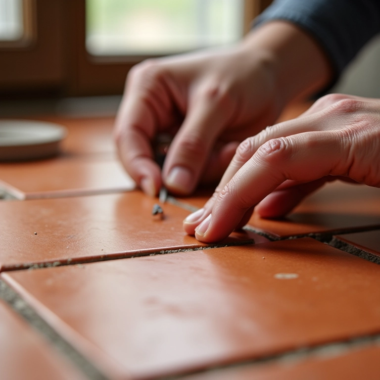 Mãos instalando rejunte entre as lajotas.
