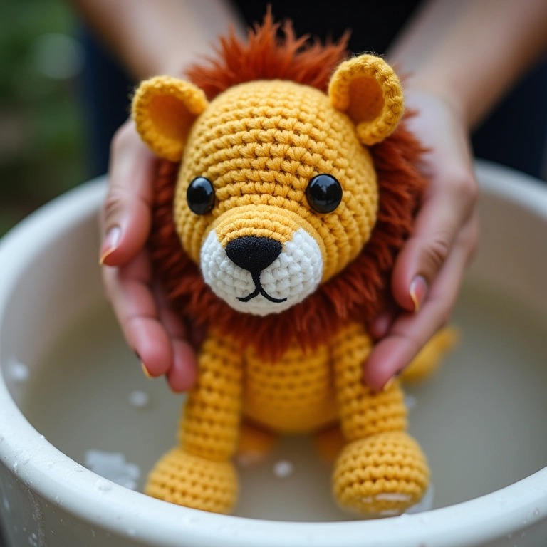 Mãos lavando cuidadosamente um leão amigurumi.