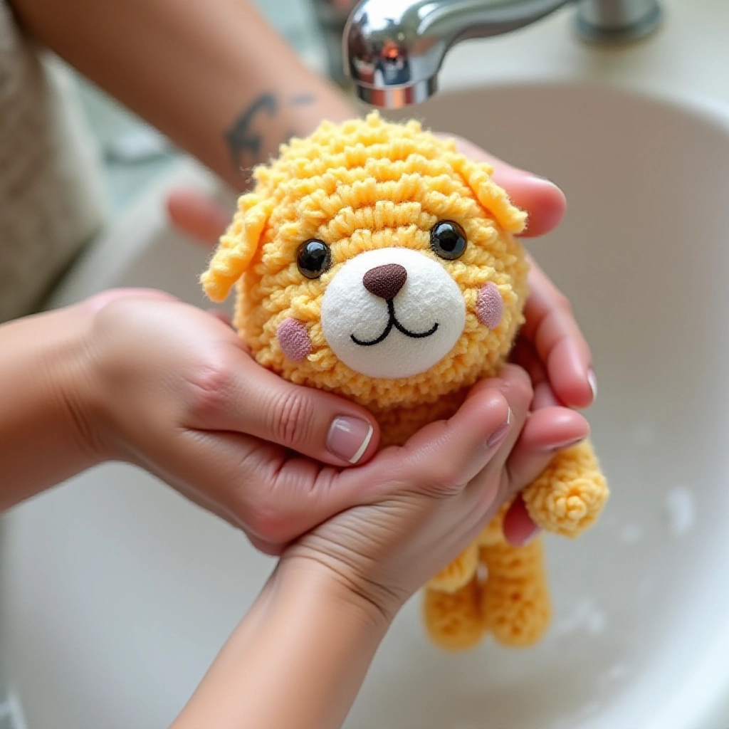 Mãos lavando delicadamente um amigurumi colorido na pia.