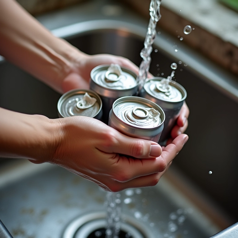 Mãos lavando latas de alumínio antes de usá-las no artesanato.