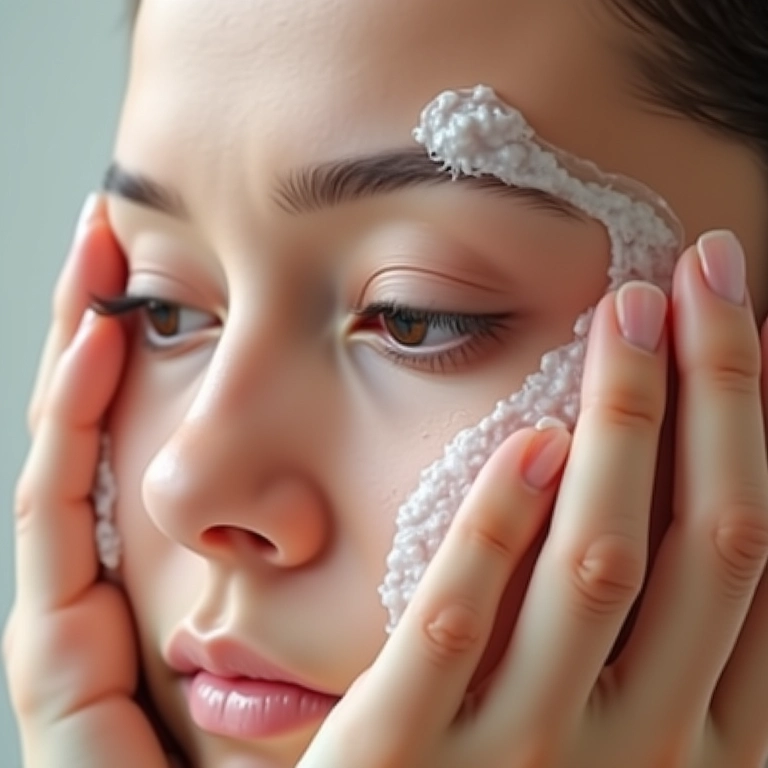 Mãos lavando sobrancelhas com água e sabão suave.