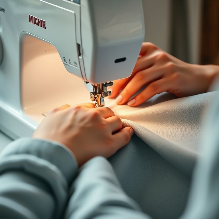 Mãos operando uma máquina de costura overlock.