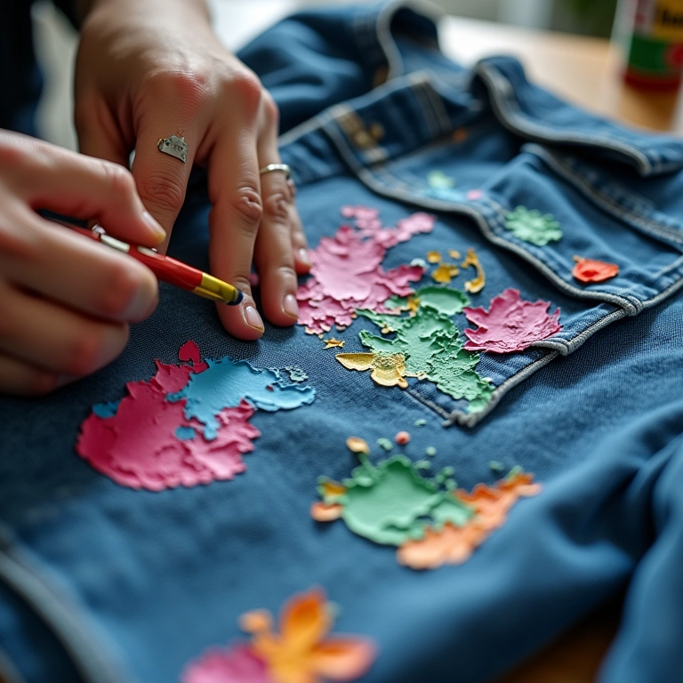 Mãos personalizando jaqueta jeans com tinta.