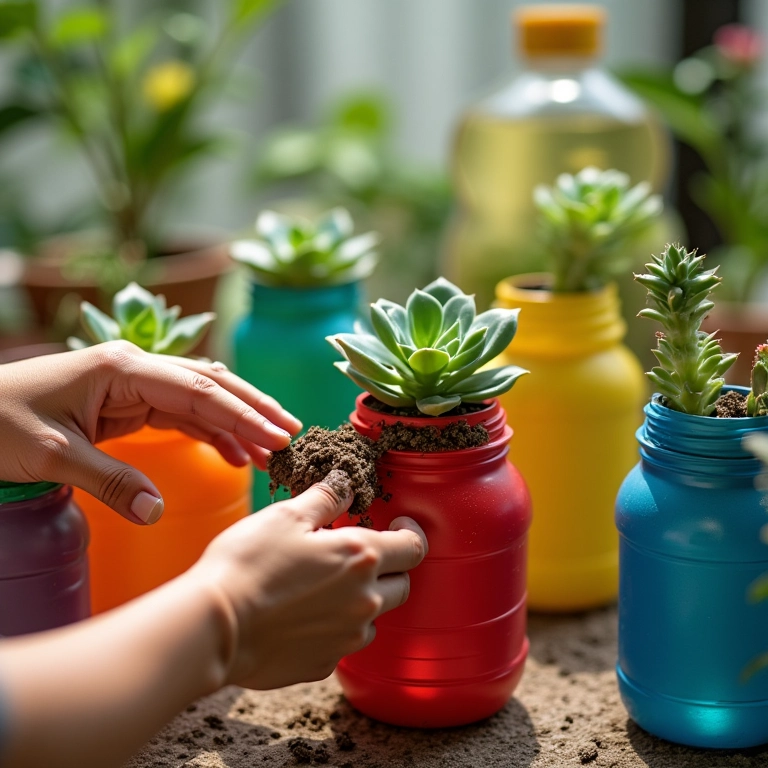 Mãos plantando suculentas em vasos de garrafa PET coloridos.