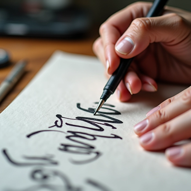 Mãos praticando lettering com caneta pincel em papel texturizado.