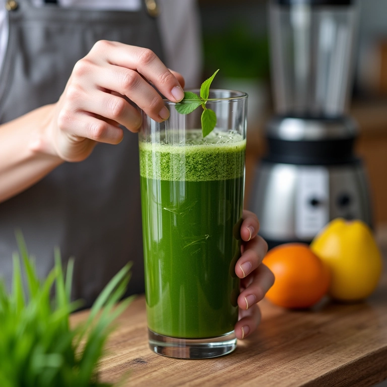 Mãos preparando suco de wheatgrass em casa.