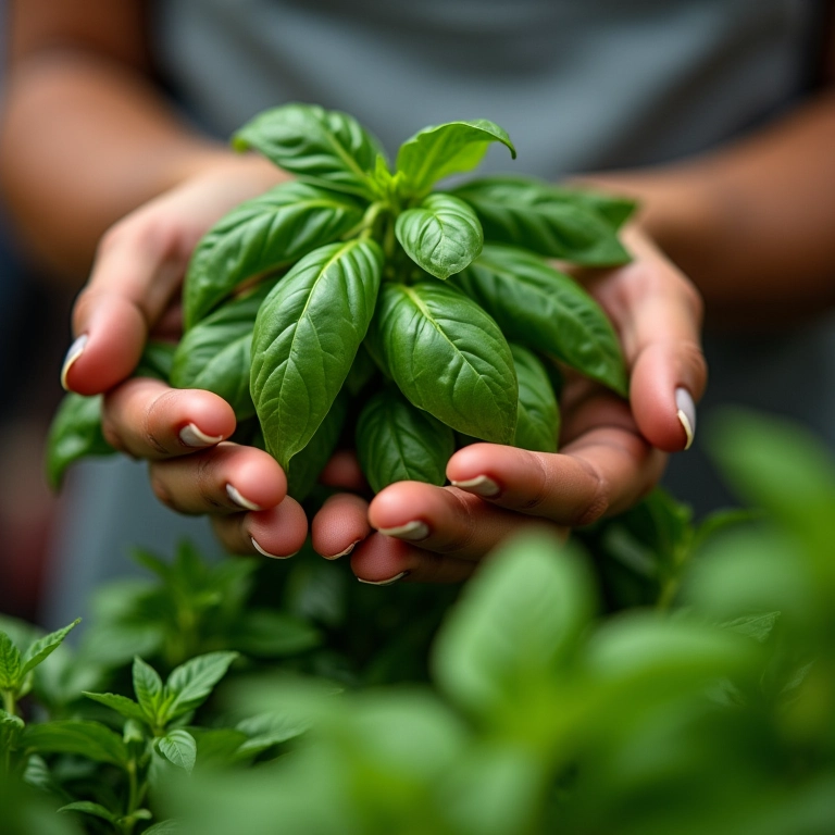 Mãos selecionando folhas de manjericão fresco em um mercado.