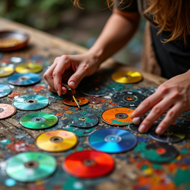 Mãos transformando CDs em arte vibrante com estilo brasileiro.