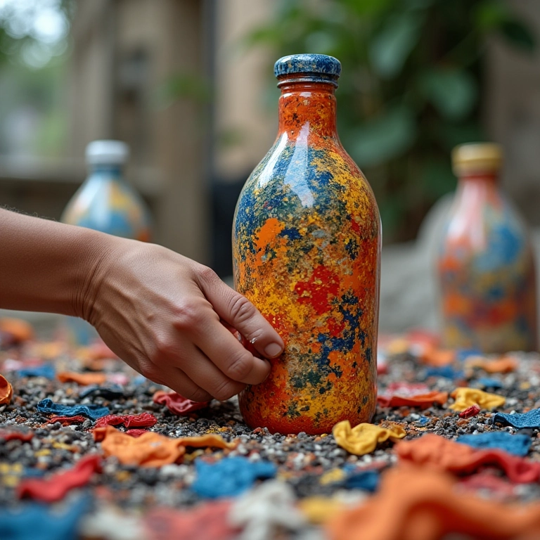 Mãos transformando materiais reciclados em arte e objetos úteis.