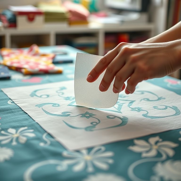 Mãos usando estênceis para marcar padrões de quilting em tecido, garantindo precisão e simetria.