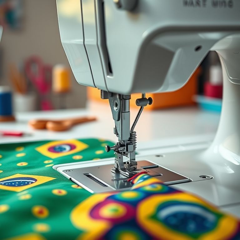 Ponto da Máquina Pulando? Veja as 5 Causas Mais Comuns Máquina de costura moderna com tecidos coloridos, foco na agulha.