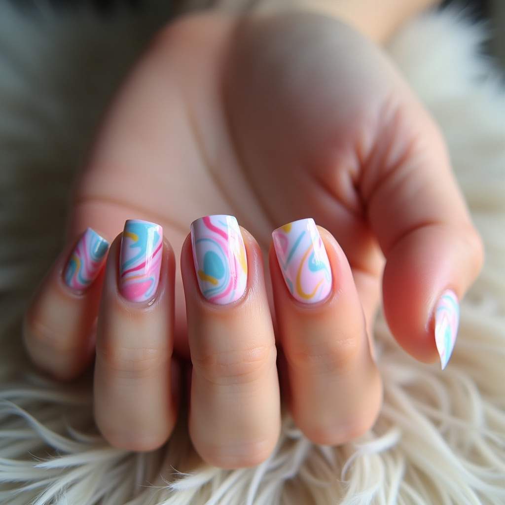 Marbled candy color nails, pastel swirls, natural lighting, 8K quality, sharp focus, Unhas candy colors marmorizadas: efeito único e sofisticado.