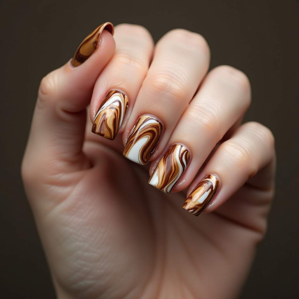 Marbled coffee nail art on woman's hand, brown and white swirls, unique style, professional Unha marmorizada café.