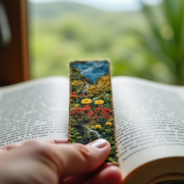 Marcador de página criativo feito de tecido incentivando a leitura.