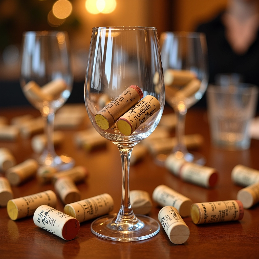 Marcadores de taças charmosos com rolhas de vinho.