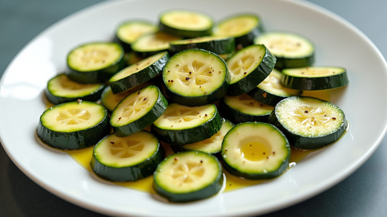 Marinated zucchini slices, plate, olive oil, garlic, herbs, appetizer, professional photography, 8K Abobrinha marinada.