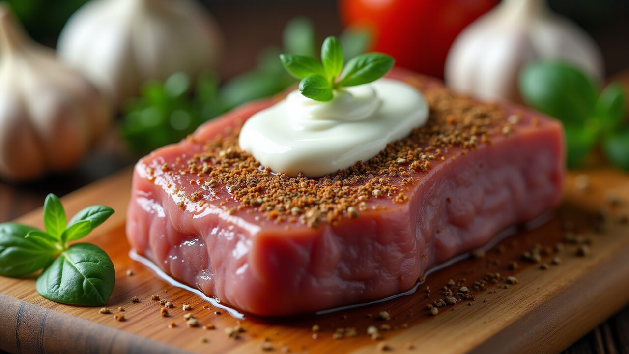 Marinating meat with natural yogurt, garlic, spices, fresh herbs. Close-up shot, 8K quality, sharp Carne marinando em iogurte natural com alho e especiarias.