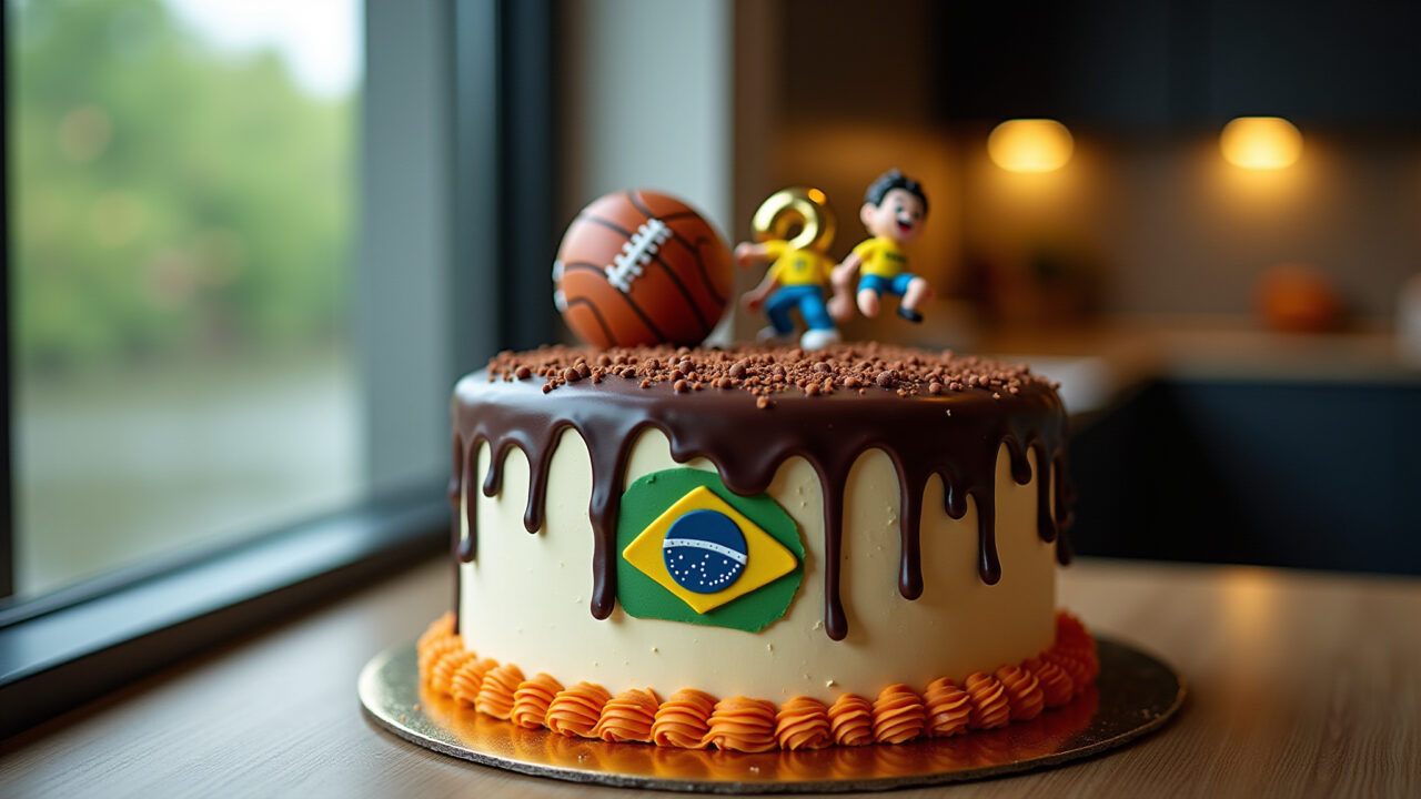 Masculine decorated cake with sports theme and sober colors, professional photography, 8K quality, Bolo decorado masculino com tema de esportes.