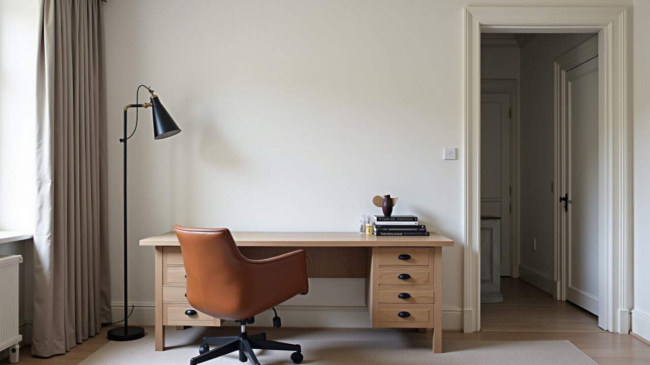 Masculine modern office, neutral colors, wooden desk, leather chair, industrial lamp, clean design, Escritório moderno masculino com design elegante e funcional.