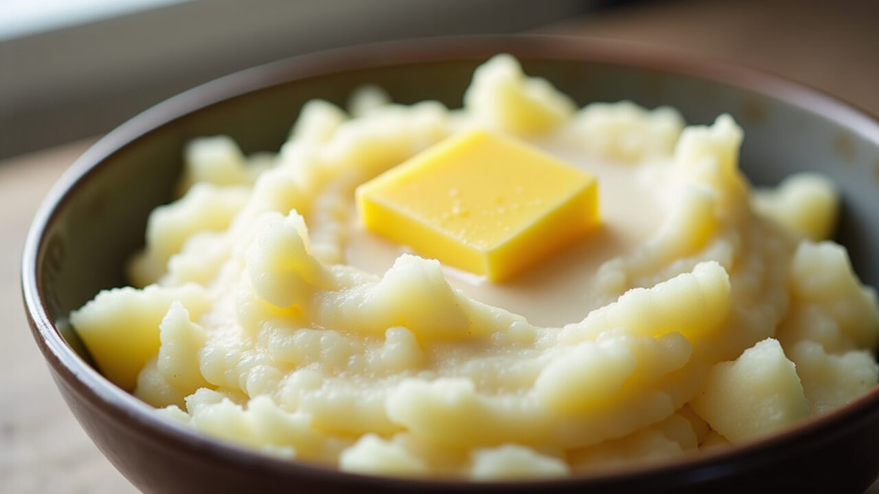 Mashed potatoes with milk and butter in a bowl, ready to be frozen. Brazilian home style, natural Purê de batata com leite e manteiga.