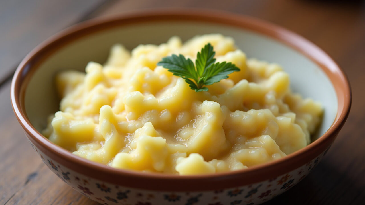 Mashed potatoes with requeijão in a bowl, ready to be frozen. Brazilian home style, natural light, Purê de batata com requeijão.