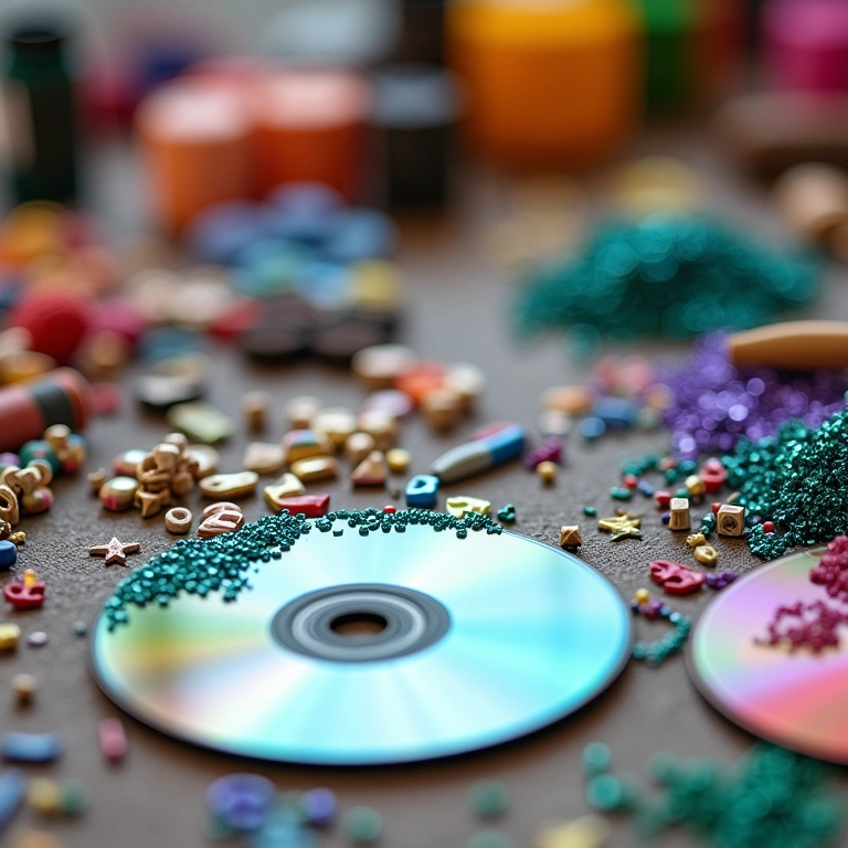 Materiais para decorar CDs: miçangas, tinta, glitter.