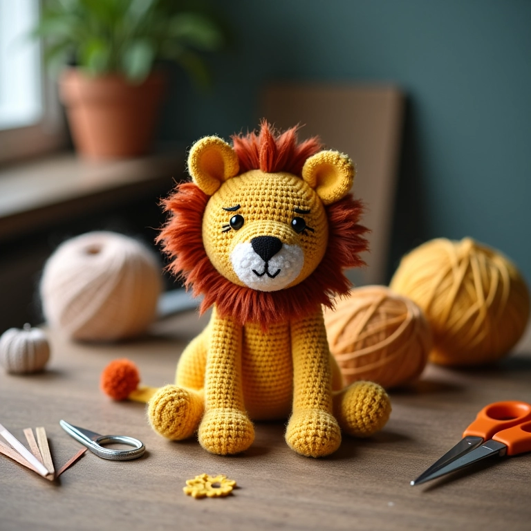 Materiais para fazer um leão amigurumi.