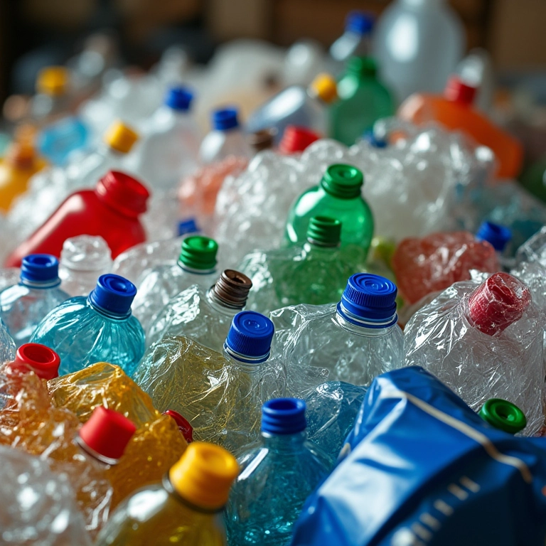 Materiais recicláveis comuns: plástico, papel, vidro e metal.