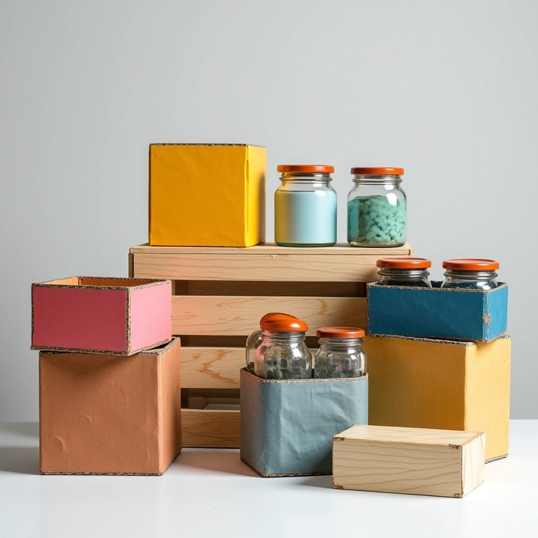 Materiais reutilizados na decoração brasileira: caixas coloridas, potes de vidro e caixas de madeira.