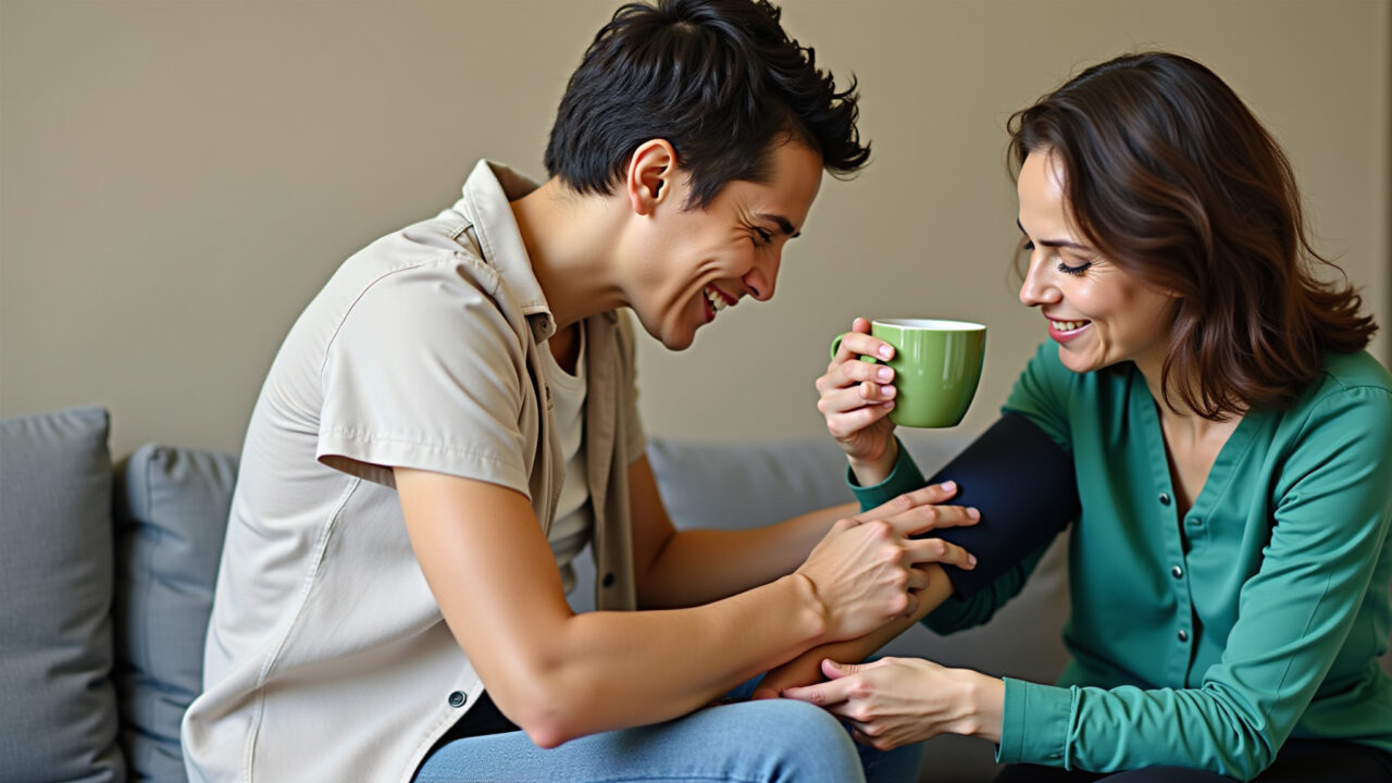 Mature Brazilian woman checking blood pressure, drinking avocado leaf tea, health care, natural Mulher verificando a pressão arterial bebendo chá de abacate.