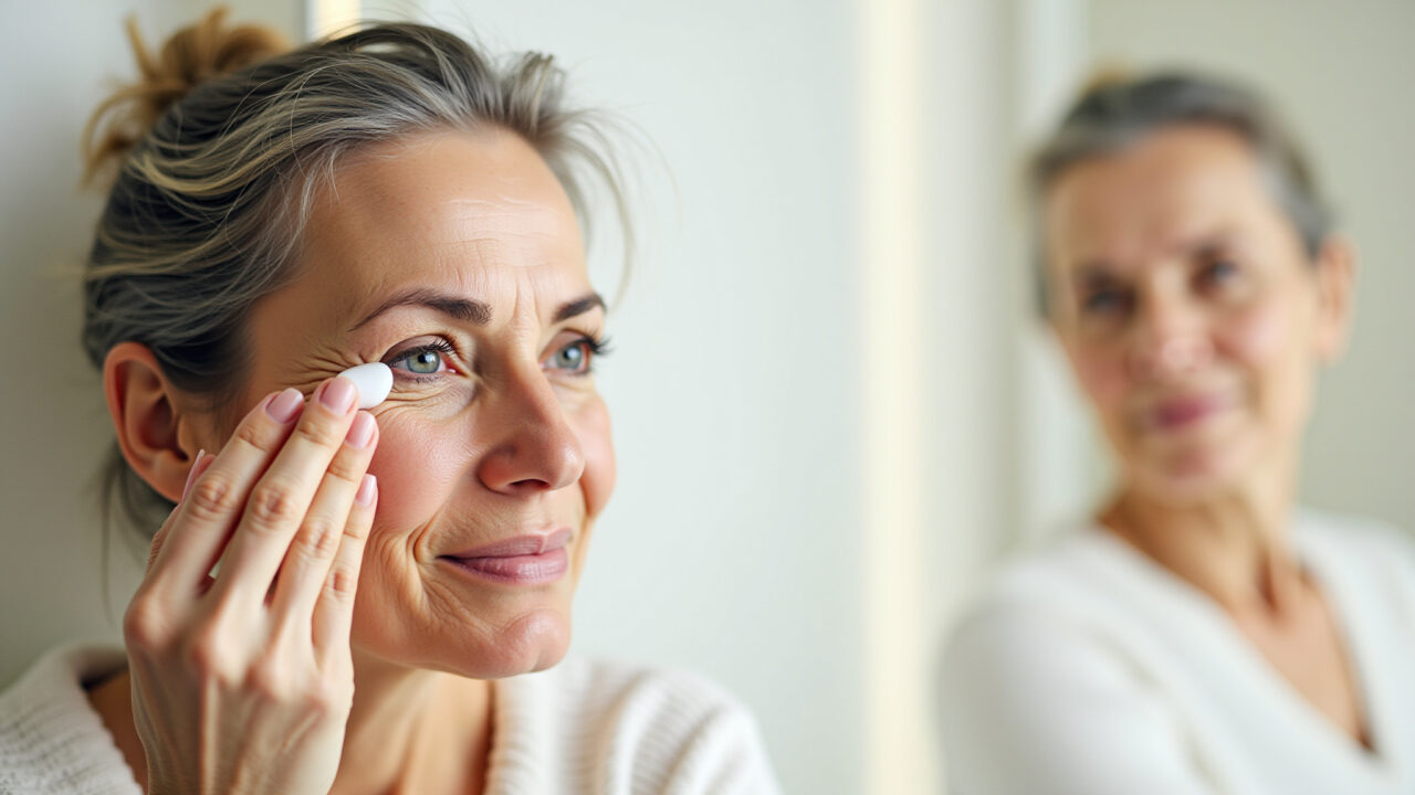 Mulher aplicando creme para área dos olhos.