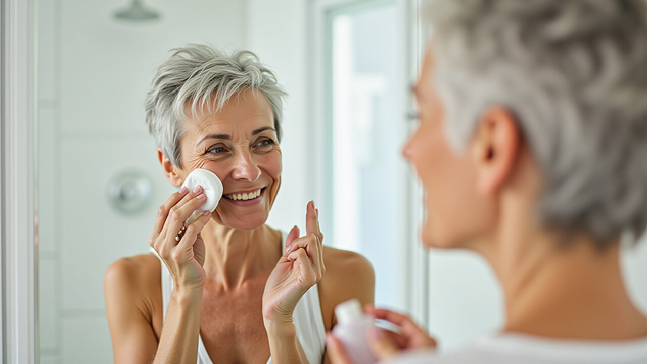 Mulher aplicando tônico facial revitalizante.