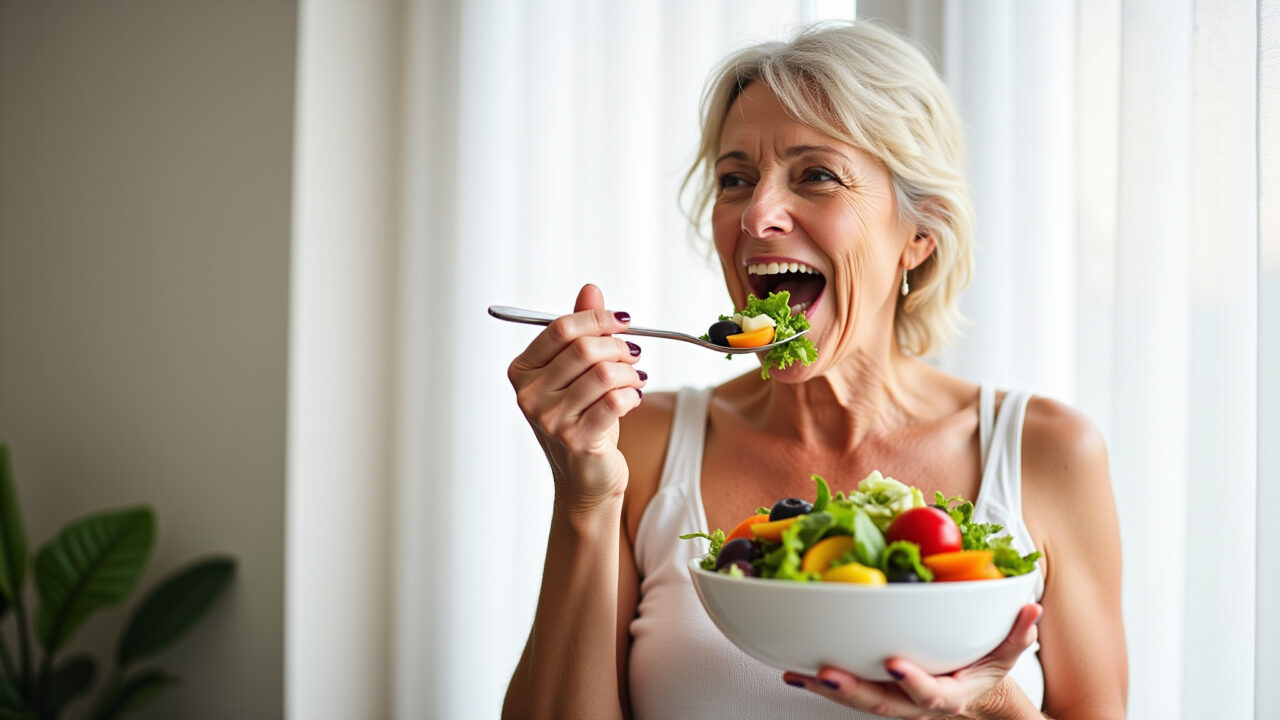 Mulher comendo salada saudável.