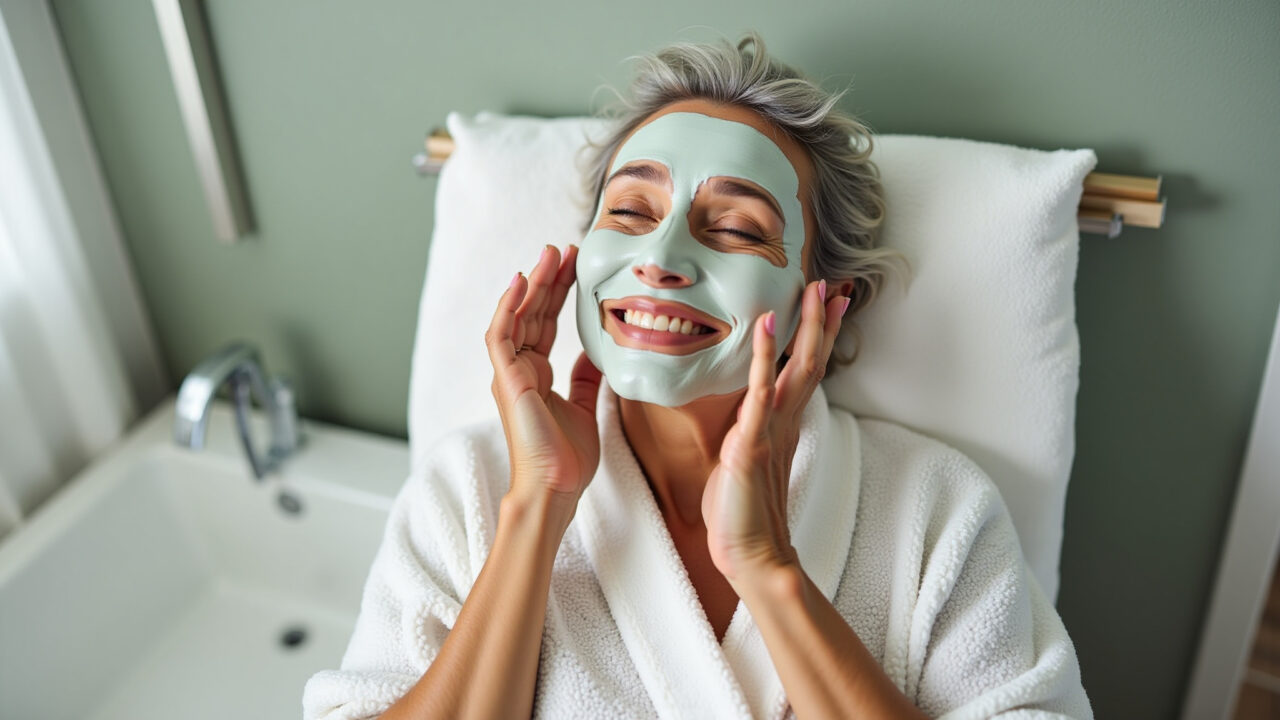 Mulher relaxando com máscara facial nutritiva.