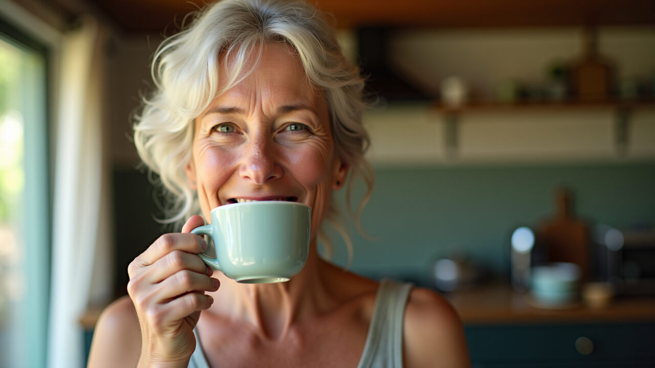Mature woman enjoying a cup of mulberry leaf tea in a sunlit Brazilian kitchen, natural lighting, Mulher relaxando com chá de folha de amora.