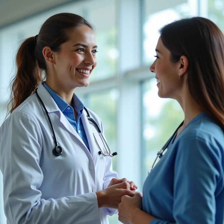 Médica atenciosa conversando com paciente em clínica moderna.