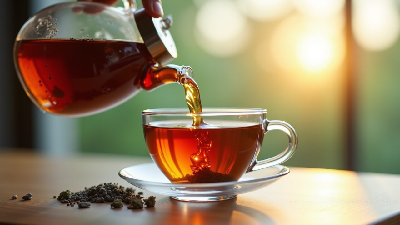 Melissa tea being poured into a glass cup, sunlight streaming through window, Brazilian design Chá de melissa sendo servido, aliviando a tensão muscular.