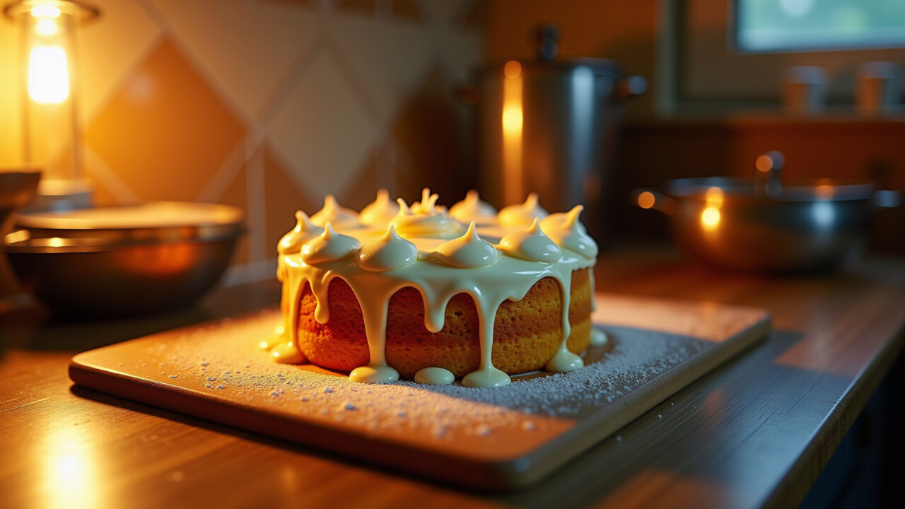 Melting buttercream cake in warm room, professional photography, 8K, sharp focus, natural lighting, Bolo de buttercream derretendo em ambiente quente.