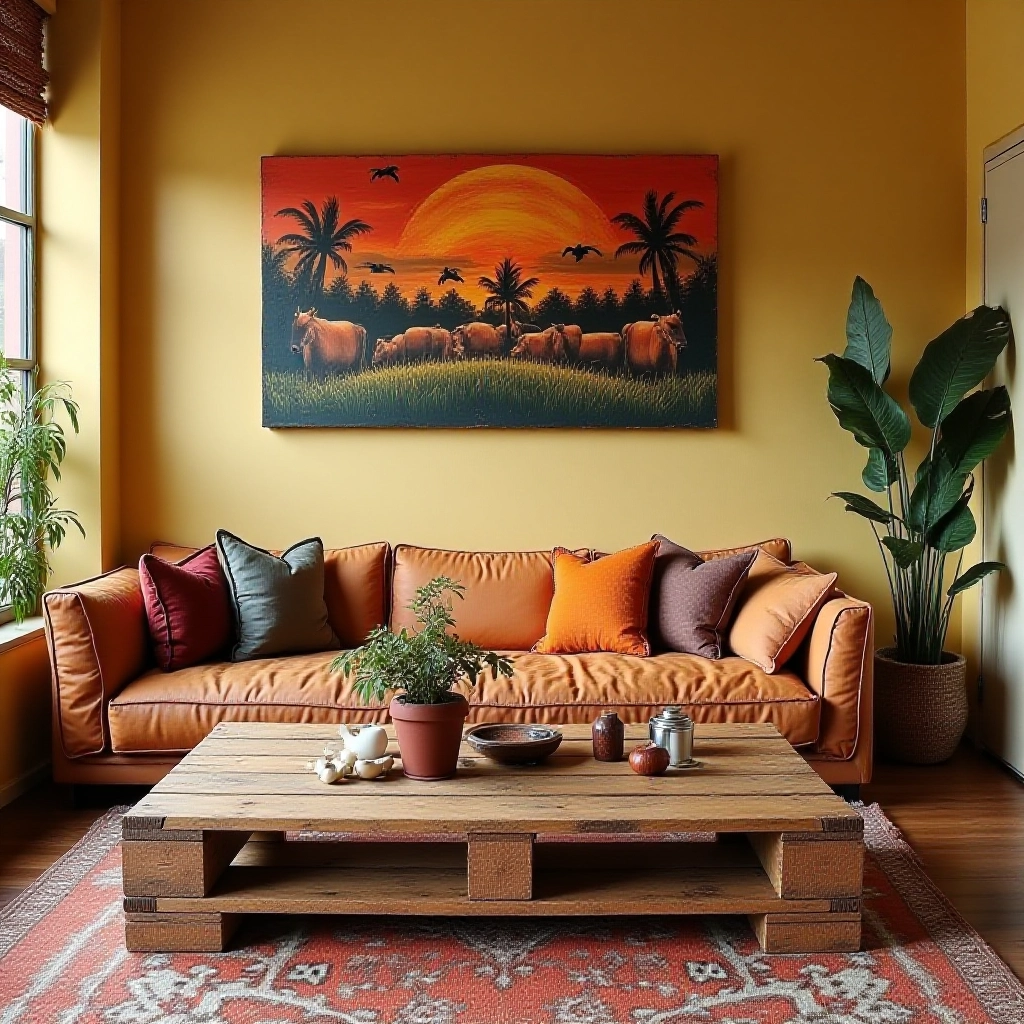 Mesa de centro e decoração de parede feitas com paletes em sala de estar aconchegante.