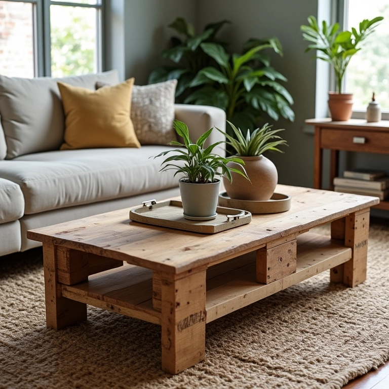 Mesa de centro feita com palete de madeira reutilizada em sala de estar com decoração brasileira.