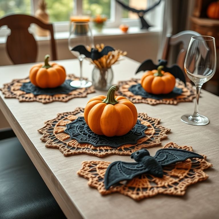 Mesa decorada com jogos americanos de crochê temáticos de Halloween.