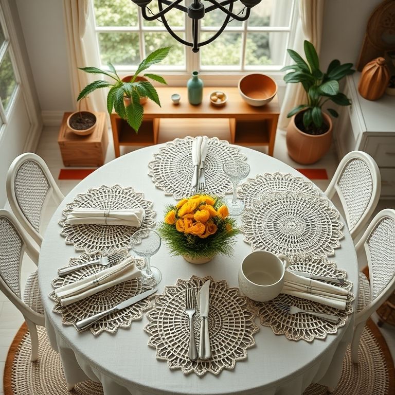 Mesa elegante com jogos americanos de crochê em estilo brasileiro.